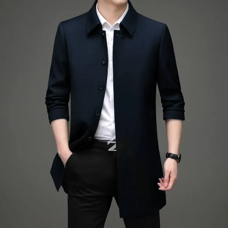 秋季高端中长款男士行政风衣男装斜纹TR商务休闲纯色翻领夹克外套