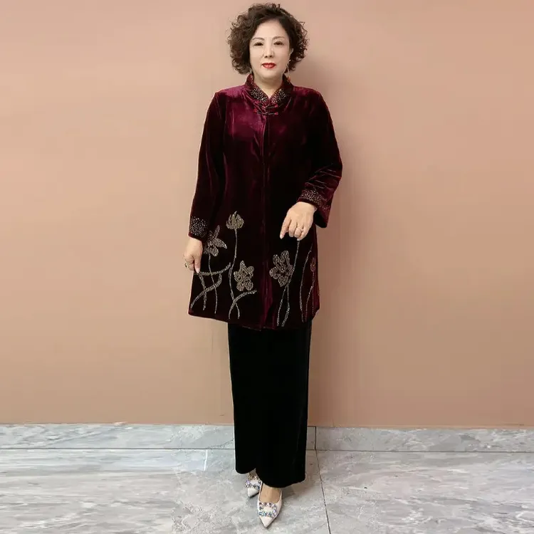 H秋季新款丝绒风衣中老年妈妈时髦中长款开衫外套休闲百搭外披女
