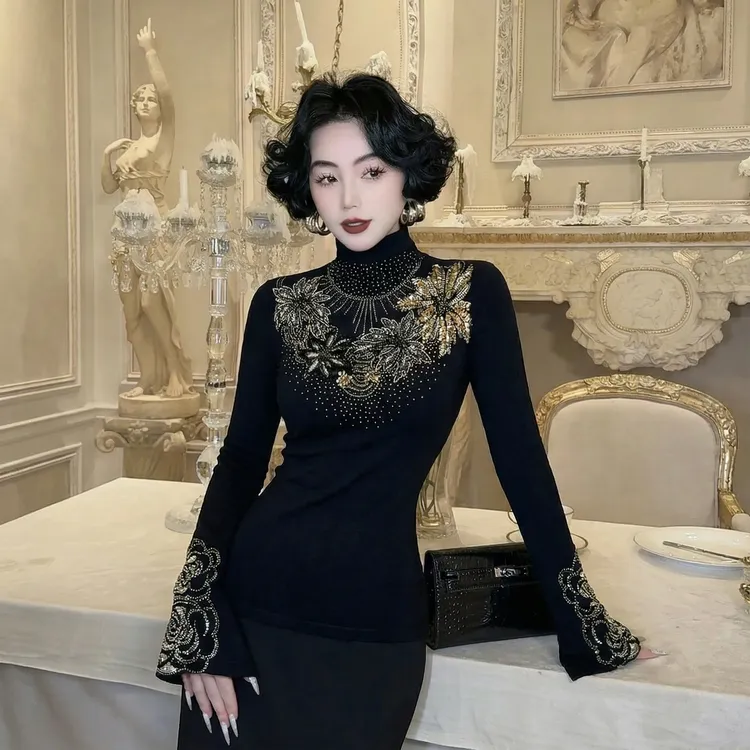 【FUNANI】 轻奢法式重工刺绣2025秋冬女针织衫上衣打底衫X2530973A