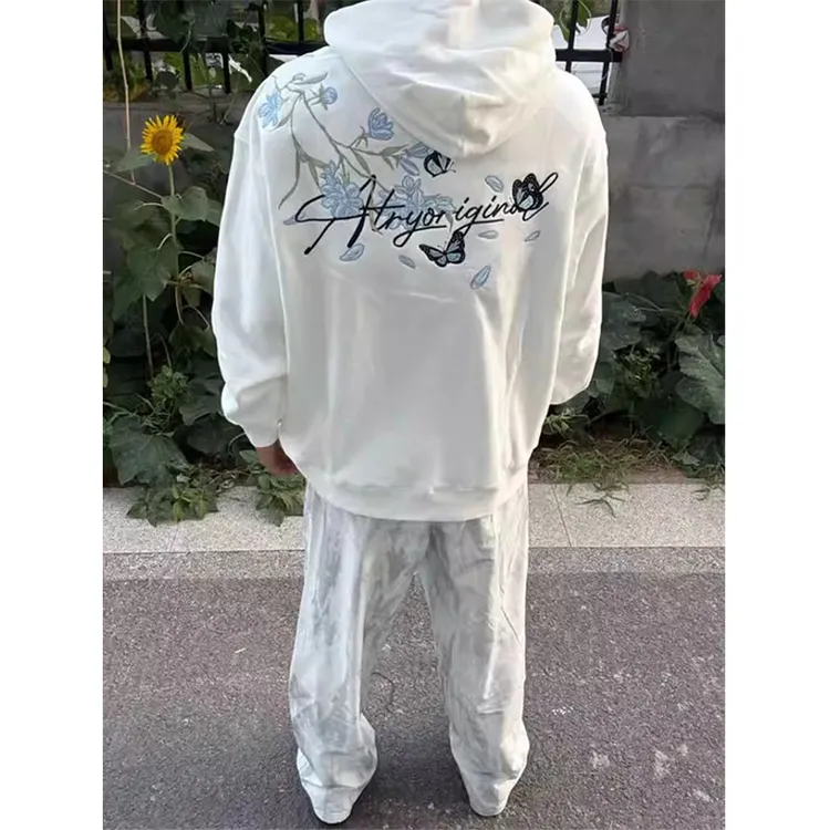花卉蝴蝶刺绣连帽卫衣男款秋季cleanfit重磅打底衫设计感情侣外套