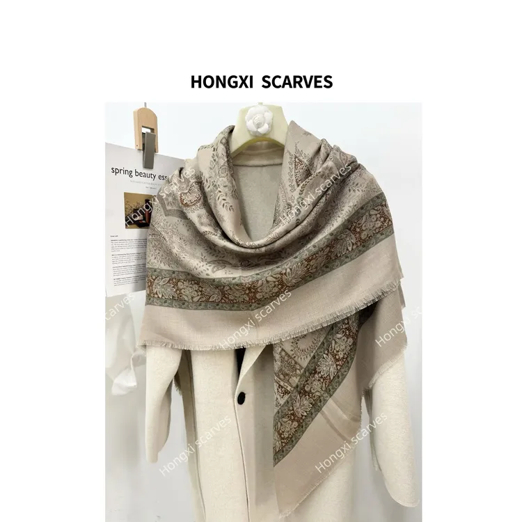 真丝羊毛lp钻石纹莫兰迪复古腰果135方巾丝巾搭配围巾大披肩H196