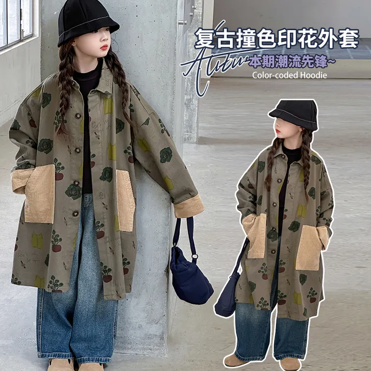 女童风衣春秋装2025新款中大童印花外套中长款时髦翻领韩版上衣潮