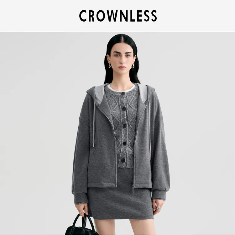 CROWNLESS未冕25秋新复古棉混纺轻运动风松弛连帽廓形卫衣外套女