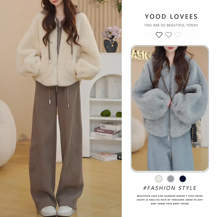 撞色拼接连帽短款毛毛外套女2025冬季软糯厚实小个子上衣短外套