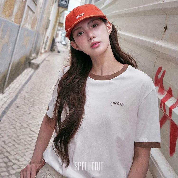 SPELLEDIT25年秋季新品棕色锁边T恤拼色短袖宽松上衣白色短袖女