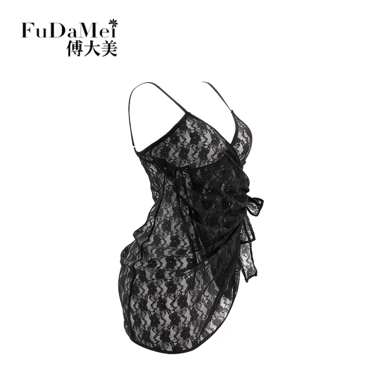 傅大美黑色镂空蕾丝吊带睡裙一片式系带性感显瘦包臀无袖约会睡衣