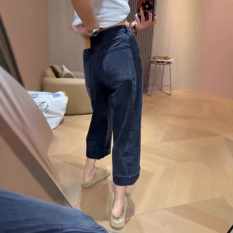 梨型身材大码高腰洋气窄版直筒牛仔裤女秋胖mm宽松显瘦九分阔腿裤