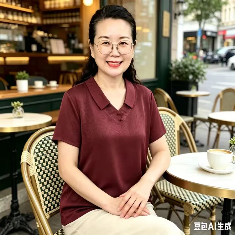 夏季V领妈妈装琉璃缎短袖T恤宽松显瘦百搭大码中老年女士上衣气质