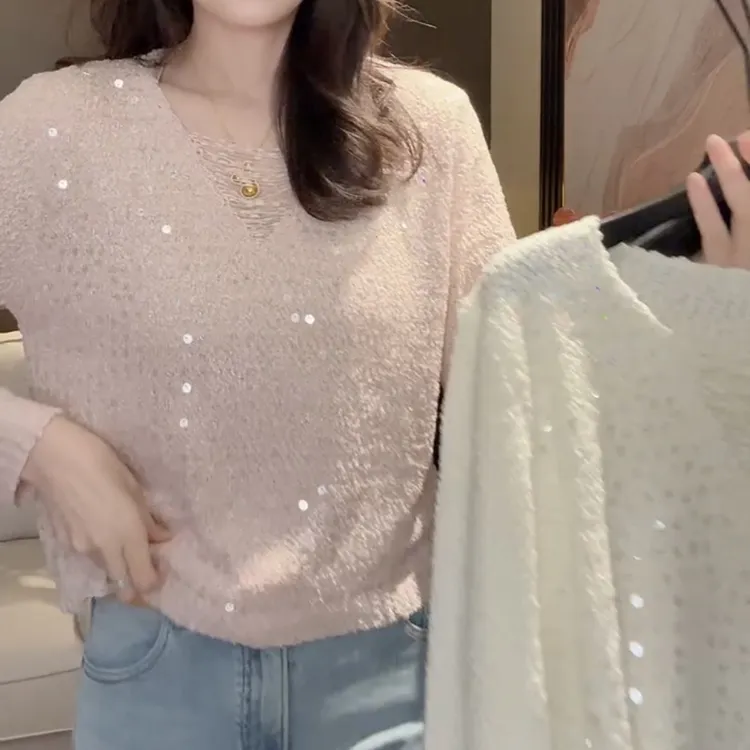 春季新款糖果色韩版甜美气质亮闪V领上衣