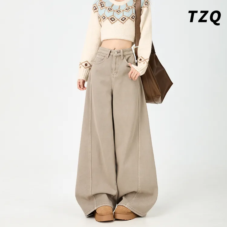 奶茶咖灰加绒厚款阔腿牛仔裤女款爆款秋冬季新款复古宽松直筒裤子