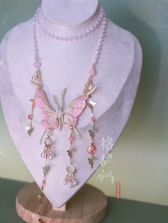 铜项链 格格间原创【粉蝶】复古风软璎珞粉色蝴蝶项圈配饰珍珠流苏