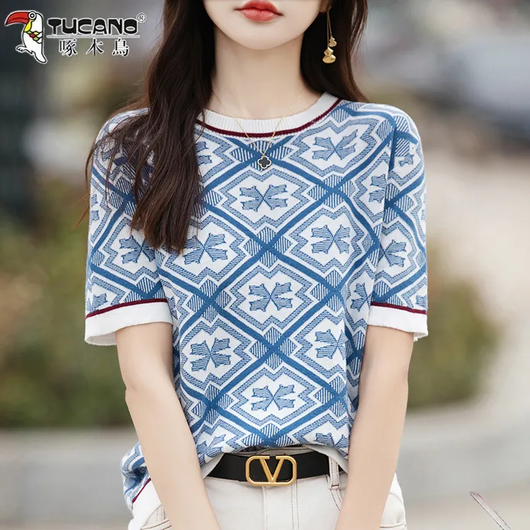 啄木鸟2025夏季新款t恤提花薄款女圆领短袖洋气宽松女装针织衫