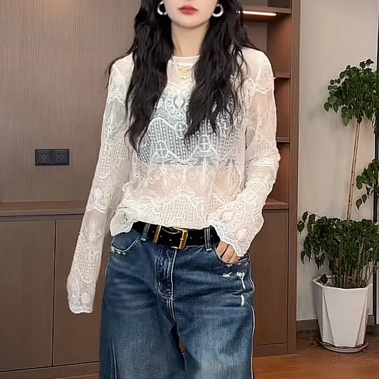 法式钩花设计感镂空蕾丝打底衫女士2025新款秋冬休闲圆领长袖T恤