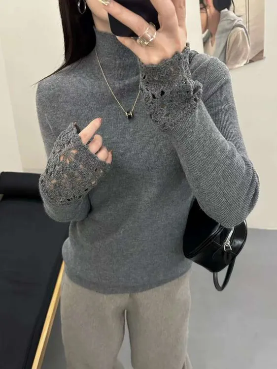 法式半高领羊毛针织衫气质套头镂空刺绣长袖上衣女PX-2088羊毛衫