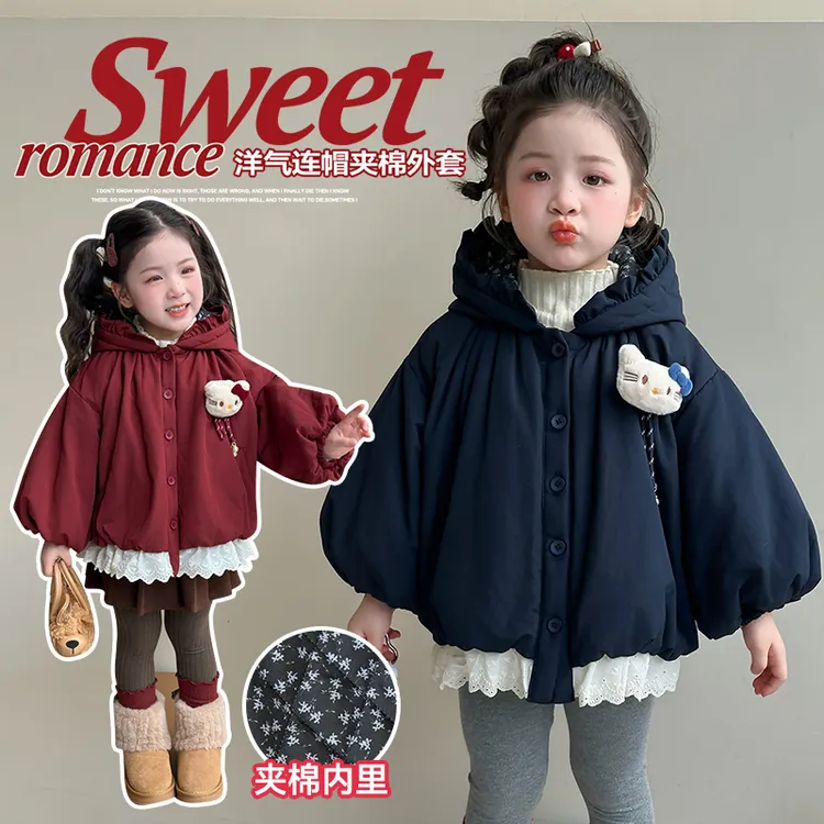 【花边夹棉外套】女小童秋冬洋气卡通猫咪花边下摆夹棉连帽外套