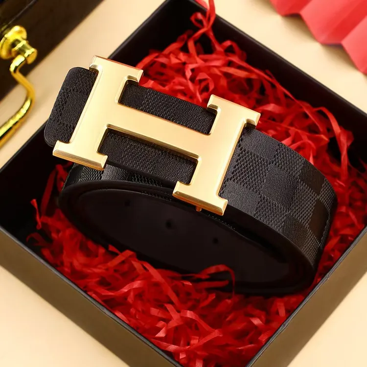 新款轻奢男士牛皮皮带商务高档格子纹自动扣腰带时尚百搭经典潮流