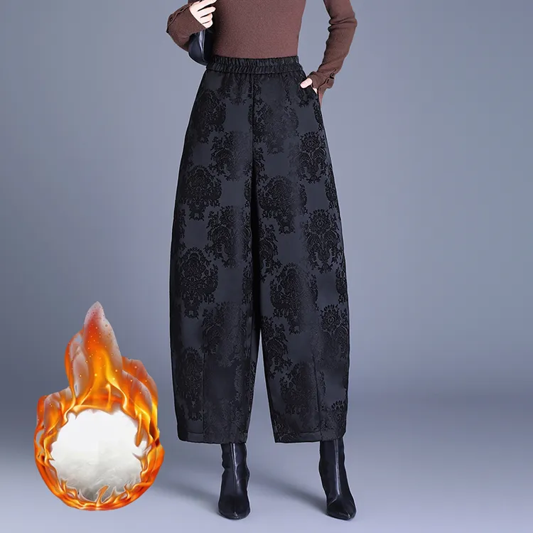 高端正品提花醋纤阔腿裤黑色九分秋新款宽松保暖加厚棉裤大码宽松