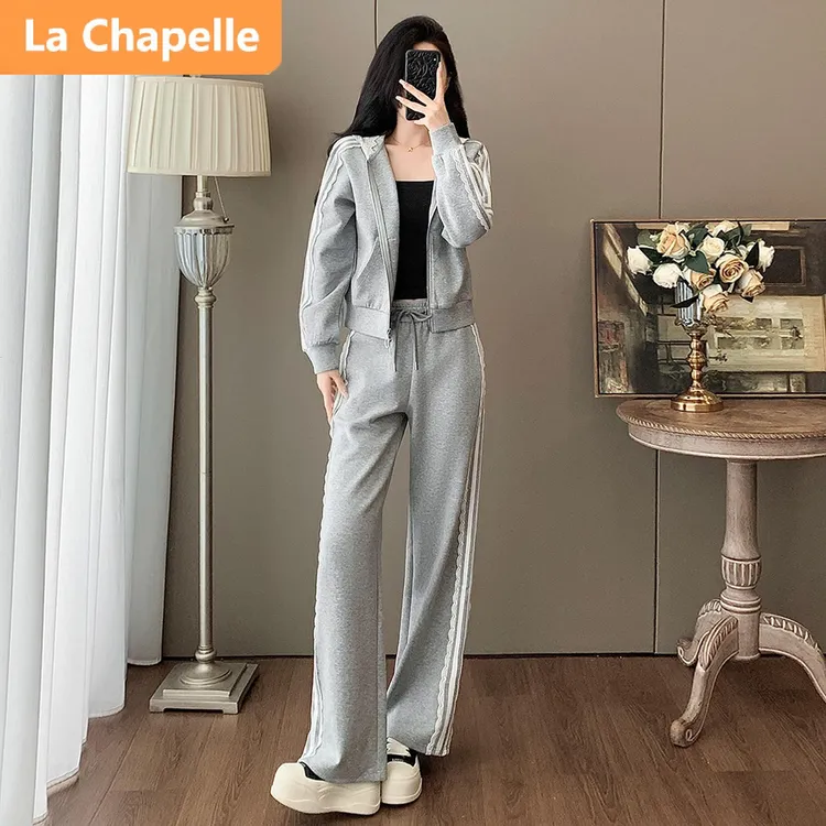 拉夏贝尔学院风运动休闲套装女秋季超好看灰色长袖连帽上衣两件套