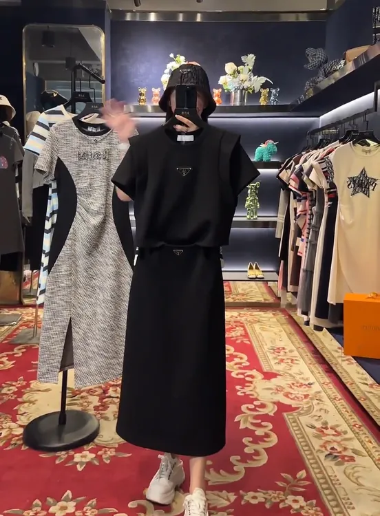 暗黑系三角标小飞袖圆领上衣女秋百搭显瘦半裙两件套赫本风套装裙