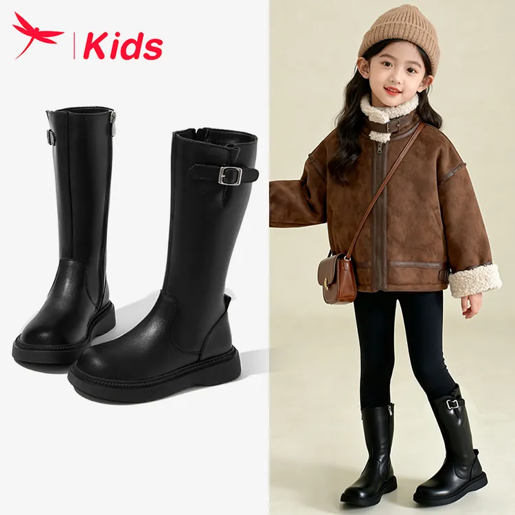 红蜻蜓女童鞋子儿童长筒靴子2025新款秋冬季大童高筒皮靴马丁加绒