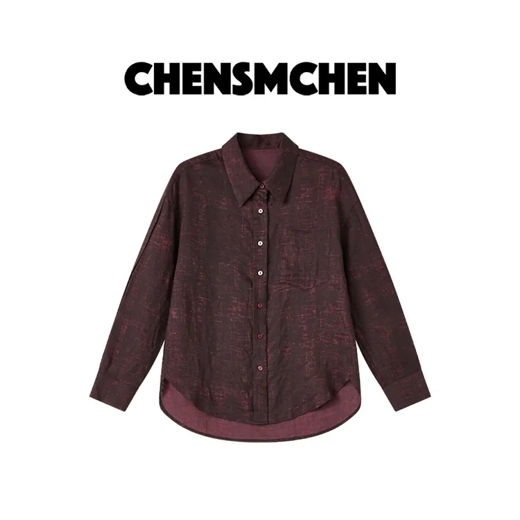 CHENSMCHEN 苎麻撞色宽松翻领衬衫女春季休闲百搭上衣CSC3030NN