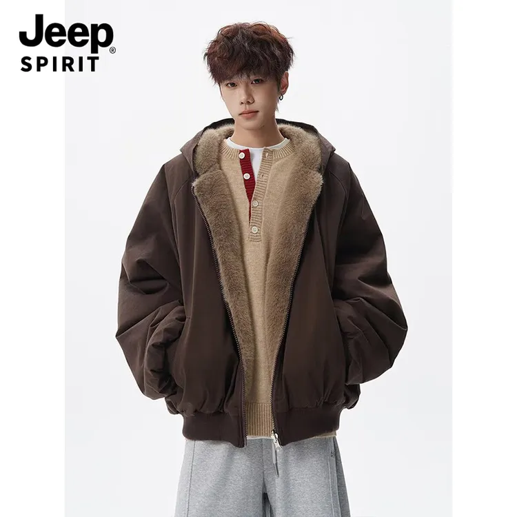 JEEPSPIRIT两面穿重磅短款座山雕棉衣双面穿毛毛绒棉服加厚外套