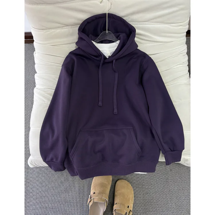 乌梅紫色重磅卫衣男女款冬季加绒加厚连帽衫美式复古宽松情侣外套