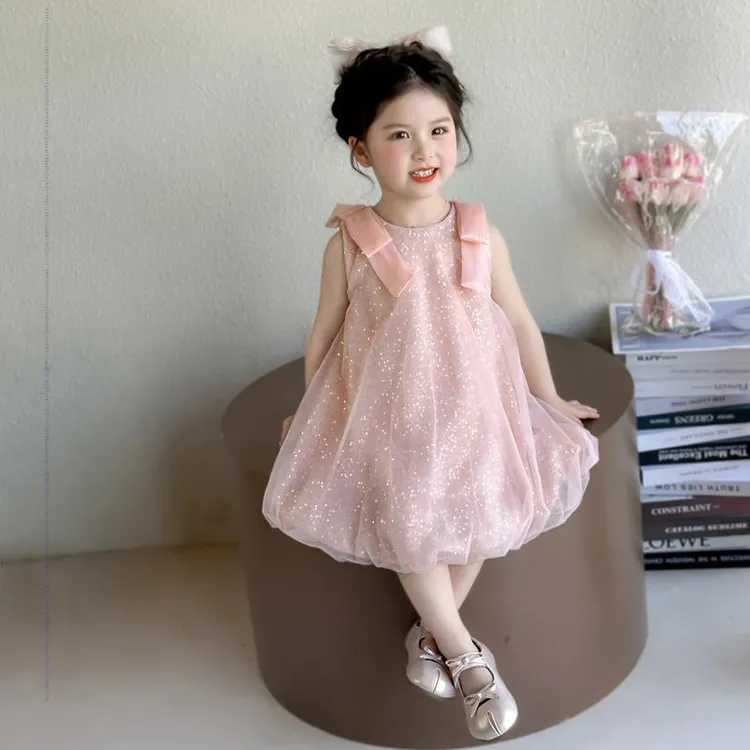 女童连衣裙夏季2025新款儿童洋气亮片网纱无袖公主裙宝宝背心裙子