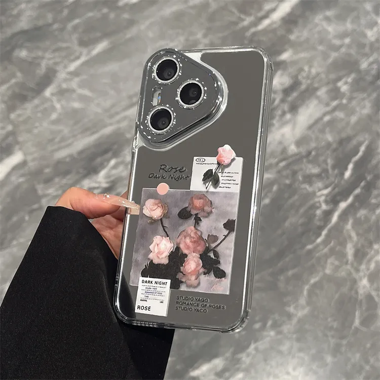 闪钻镜面手机壳适用华为pura70/mate60pro/iphone15/14粉玫瑰