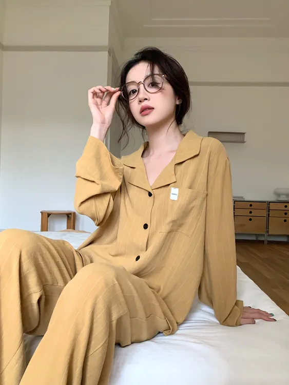 高级感翻领条纹长袖睡衣女2025秋季新款舒适亲肤家居服套装可外穿