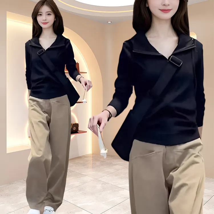 两件套风时尚休闲运动套装早秋出游服装女连帽休闲长袖直筒阔腿裤