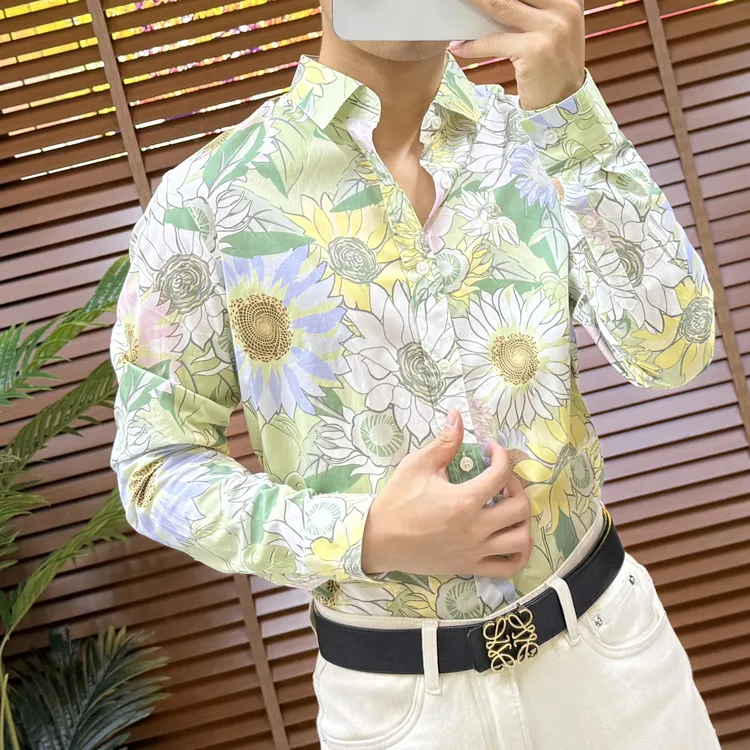 秋季新款太阳向日葵印花男士长袖休闲衬衫潮流百搭