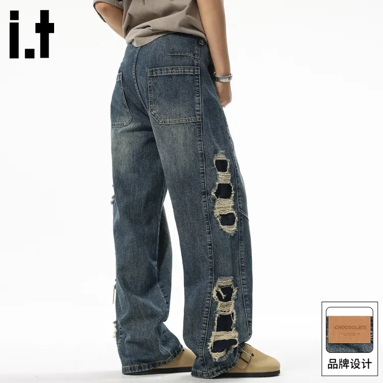 it :CHOCOOLATE破洞牛仔裤男2025秋季新款裤子男款潮流百搭阔腿裤
