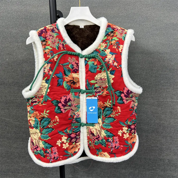 冬款短款厚款马夹民族风加绒大花马甲中国风修身女中式喜庆拜年服