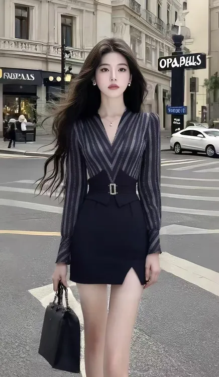 新款时尚通勤风气质穿搭灰色条纹V领长袖修身上衣+黑色包臀半身裙