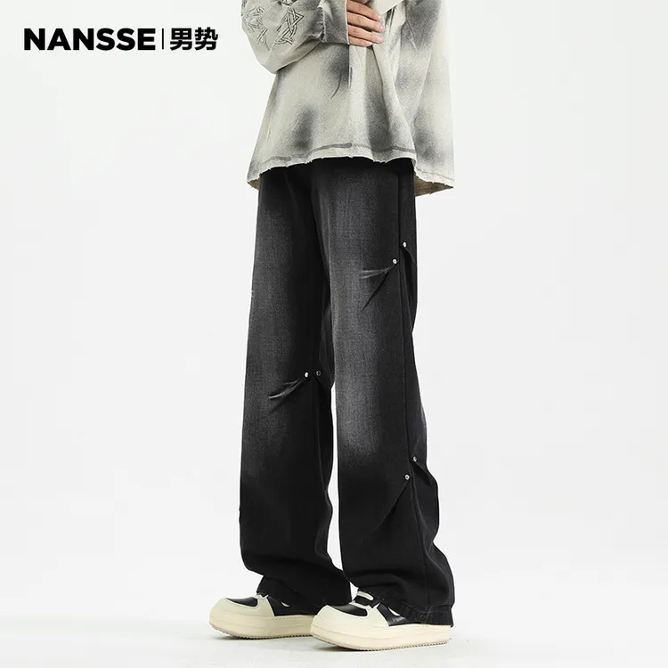 纹美式高街水洗直筒牛仔裤男生宽松显瘦青少年男款休闲复古长裤子