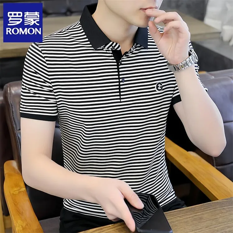 Romon/罗蒙新款条纹polo衫男士短袖T恤夏季百搭商务翻领休闲半袖 