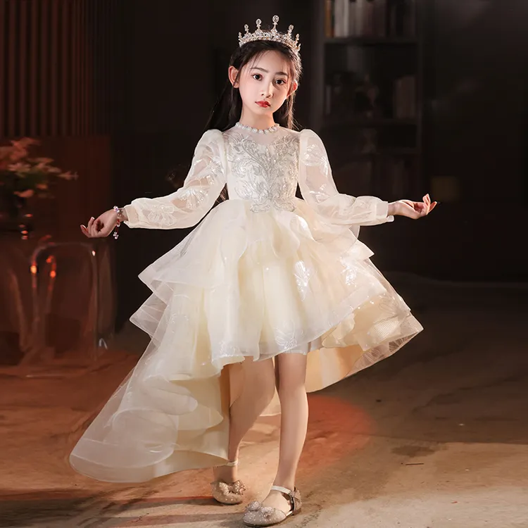 女童生日礼服轻奢小众高端花童主持人钢琴演奏拖尾长袖儿童公主裙