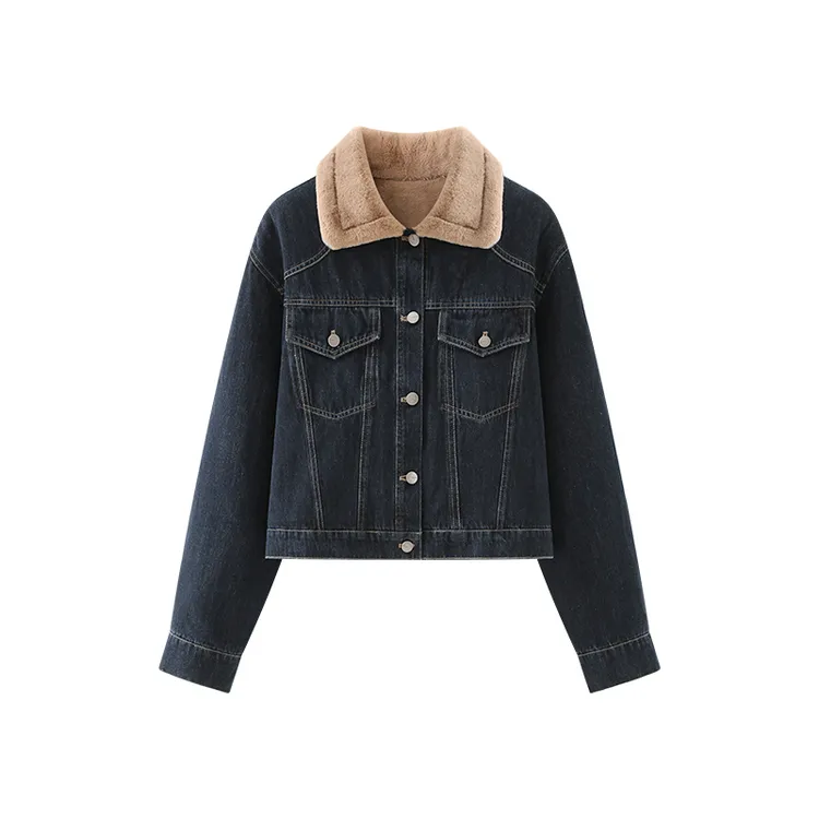 翻领内里毛毛牛仔外套女休闲深蓝色时尚小众短款夹克上衣