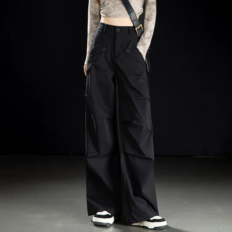美式复古黑色工装裤女2025秋冬加绒宽松直筒休闲裤子设计感阔腿裤