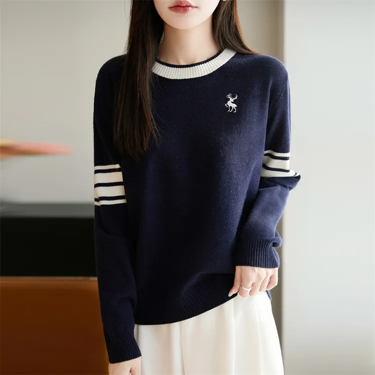 哥弟阿玛施正品冬季新款圆领针织衫拼色打底时尚百搭舒适通勤风女