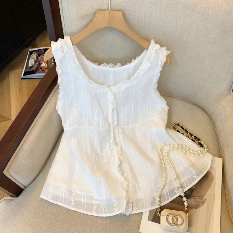 法式木耳边圆领薄款无袖背心女夏季新款洋气小衫别致小众上衣