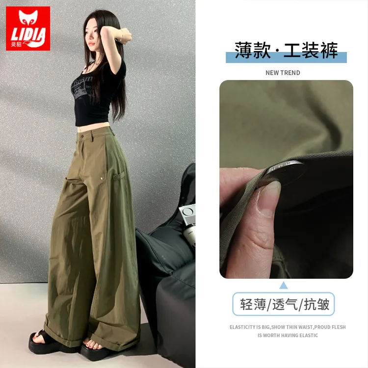 美式复古工装休闲裤女款夏季薄款辣妹慵懒显瘦直筒高腰阔腿裤子潮