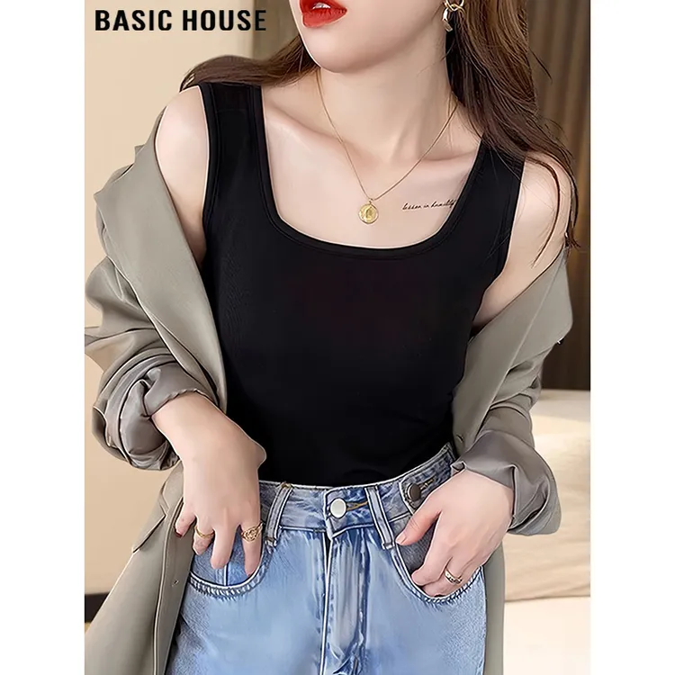 Basic House/百家好方领吊带背心女2025春夏新款修身西装内搭上衣