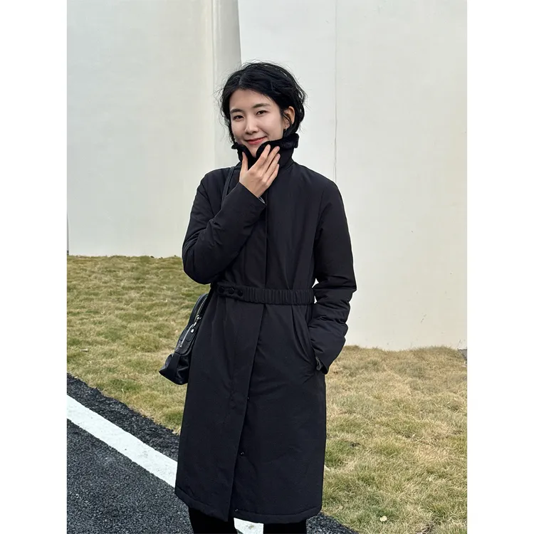 LANGQING 双拉链三粒扣腰带毛领长款棉服47251#