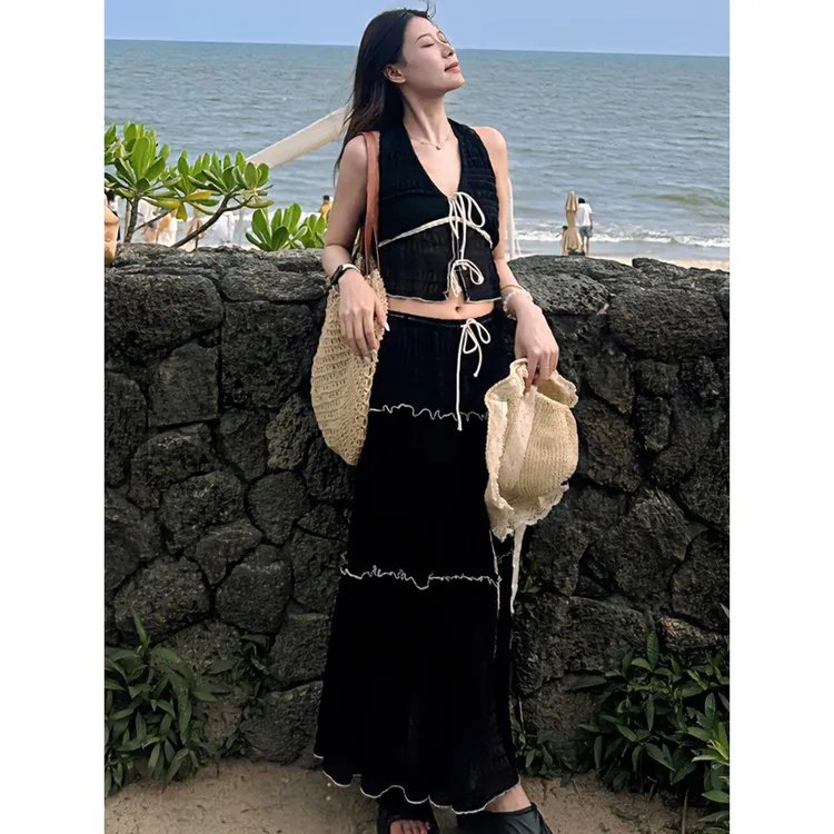 气质高级感短款挂脖吊带背心上衣女夏海边度假风网纱半身长裙套装