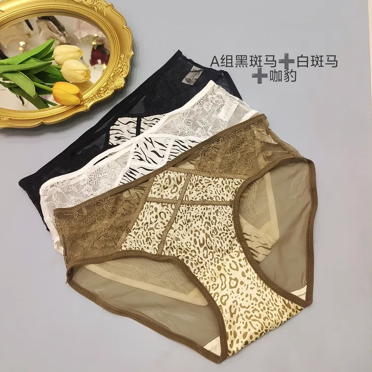 时尚潮流蕾丝网纱拼接锦缎女士家居小裤 3条装