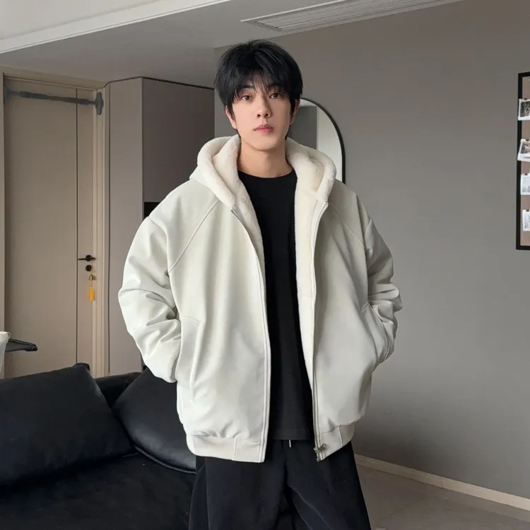 冬季羊羔绒加厚秋冬夹克上衣连帽宽松加绒ins冬季外套座山雕情侣