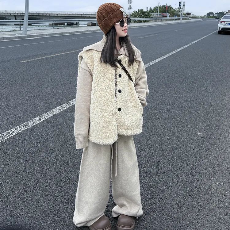 女童2025秋冬新款中大童宽松型毛衣套装休闲羊羔绒宽松加厚马甲潮