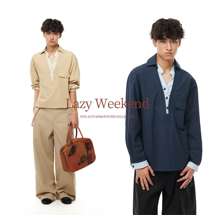 Syri【老钱风假两件】新款莱赛尔天丝v领撞色长袖衬衫男女款上衣